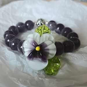 Elegant Lampwork Floral & Amethyst Beaded Stretch Bracelet